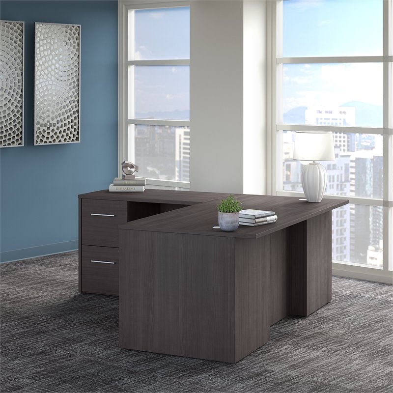 Pemberly Row Set of 2 L-Shaped Desk & Lateral File Cabinet in Storm Gray