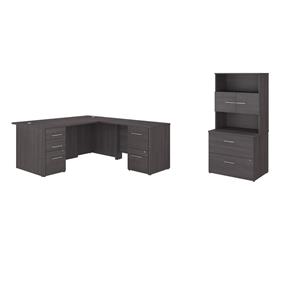 Pemberly Row Set of 2 L-Shaped Desk & Lateral File Cabinet in Storm Gray