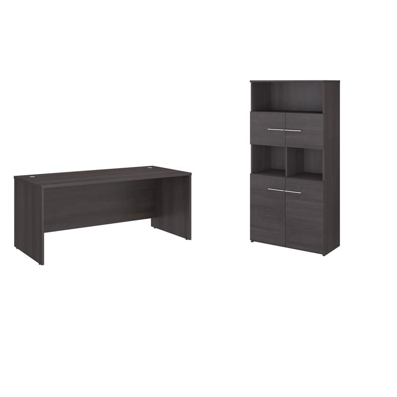 Pemberly Row Set of 2 Office Desk & 5-Shelf Bookcase in Storm Gray