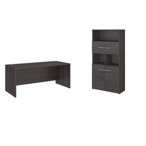 Pemberly Row Set of 2 Office Desk & 5-Shelf Bookcase in Storm Gray