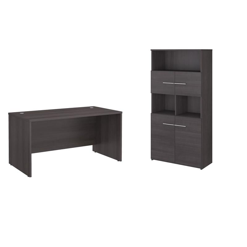 Pemberly Row Set of 2 Office Desk & 5-Shelf Bookcase in Storm Gray