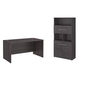 Pemberly Row Set of 2 Office Desk & 5-Shelf Bookcase in Storm Gray