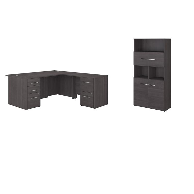 Pemberly Row Set of 2 L-Shaped Desk & 5-Shelf Bookcase in Storm Gray