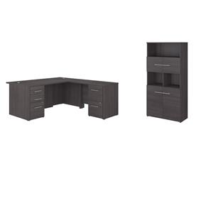 Pemberly Row Set of 2 L-Shaped Desk & 5-Shelf Bookcase in Storm Gray