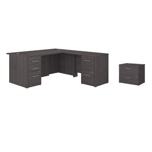 Pemberly Row Set of 2 L-Shaped Desk & Lateral File Cabinet in Storm Gray