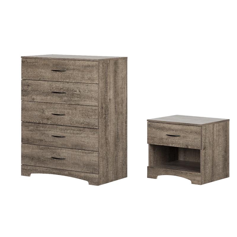 Pemberly Row Set of 2 Nightstand & 5-Drawer Chest in Weathered Oak