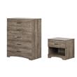 Pemberly Row Set of 2 Nightstand & 5-Drawer Chest in Weathered Oak