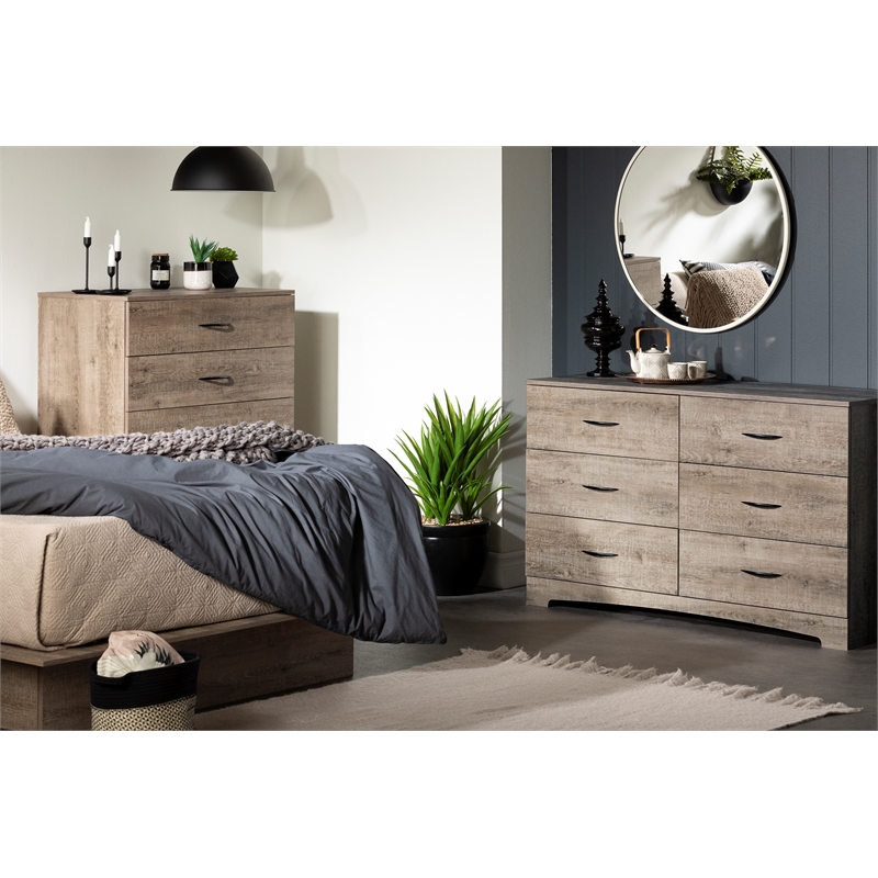 Pemberly Row Set of 3 Two Double Dressers & Nightstand in Weathered Oak