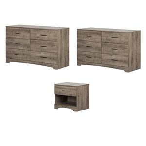 Pemberly Row Set of 3 Two Double Dressers & Nightstand in Weathered Oak