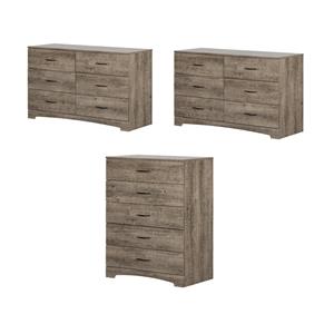 Pemberly Row Set of 3 Two Double Dressers & 5-Drawwer Chest in Weathered Oak