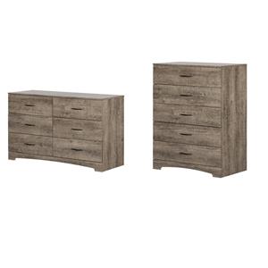 Pemberly Row Set of 2 Double Dresser & 5-Drawer Chest in Weathered Oak