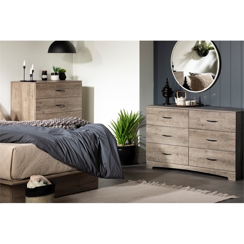 Pemberly Row Set of 4 Two Double Dressers & Chest & Nightstand in Weathered Oak