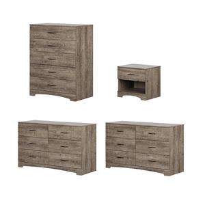 Pemberly Row Set of 4 Two Double Dressers & Chest & Nightstand in Weathered Oak