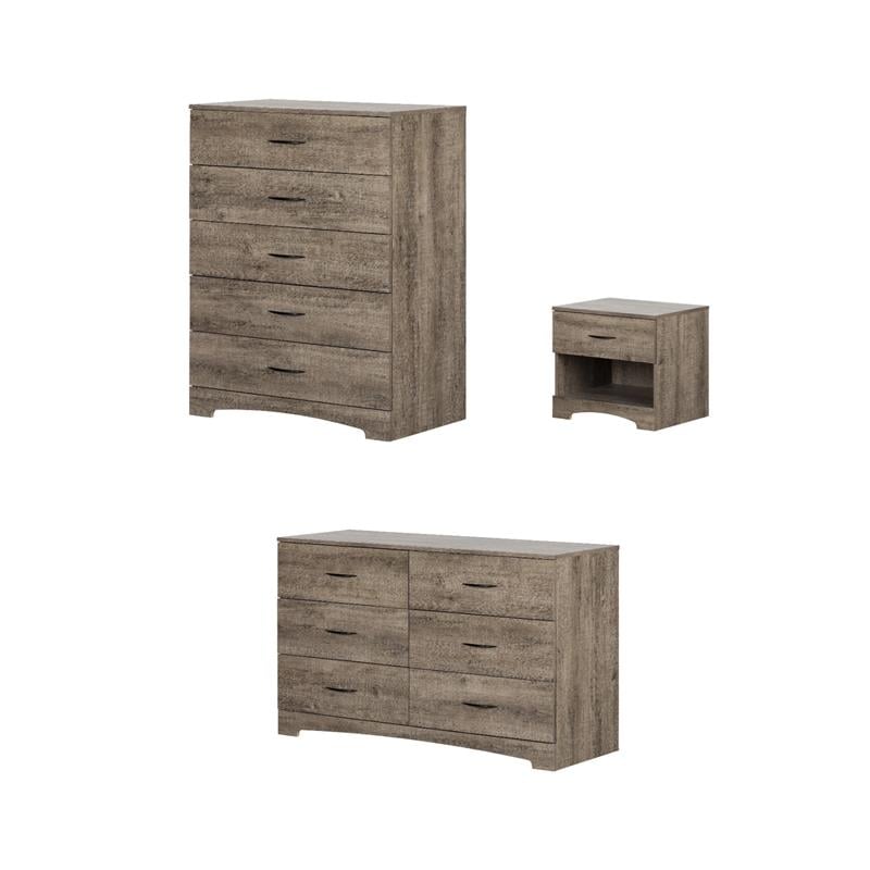 Pemberly Row Set of 3 Double Dresser & Chest & Nightstand in Weathered Oak