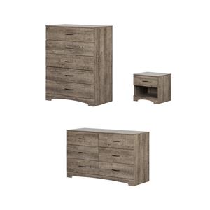 Pemberly Row Set of 3 Double Dresser & Chest & Nightstand in Weathered Oak