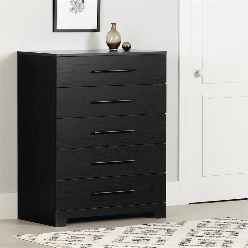 Pemberly Row Set of 3 Two Double Dressers & 5-Drawer Chest in Black Oak