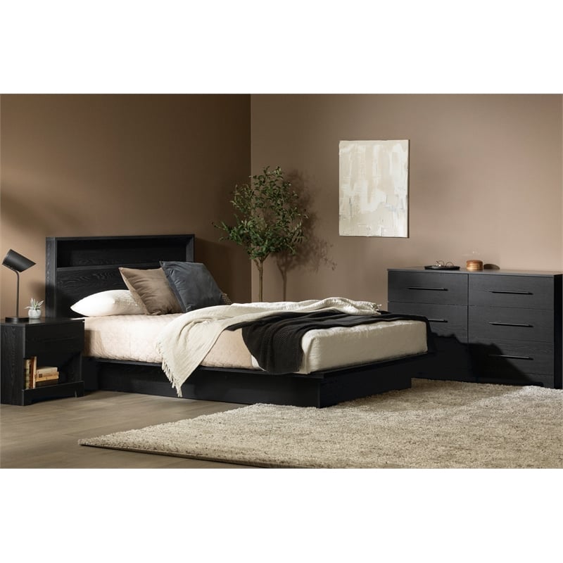 Pemberly Row Set of 3 Two Double Dressers & 5-Drawer Chest in Black Oak