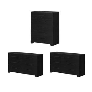 Pemberly Row Set of 3 Two Double Dressers & 5-Drawer Chest in Black Oak
