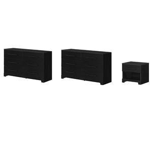 Pemberly Row Set of 3 Two Double Dressers & Nightstand in Black Oak