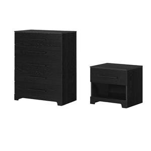 Pemberly Row Set of 2 5-Drawer Chest & Nightstand in Black Oak
