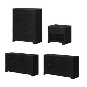 Pemberly Row Set of 4 Two Double Dressers & Chest & Nightstand in Black Oak