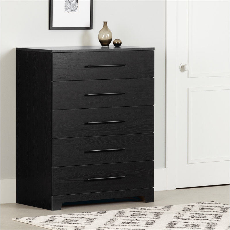 Pemberly Row Set of 2 Double Dresser & 5-Drawer Chest in Black Oak