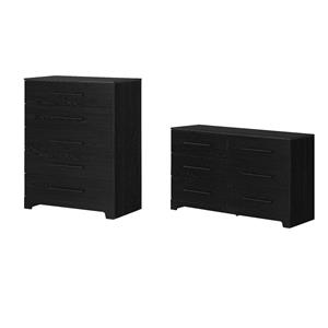 Pemberly Row Set of 2 Double Dresser & 5-Drawer Chest in Black Oak