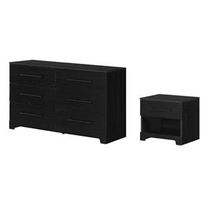 Pemberly Row Set of 2 Double Dresser & Nighstand in Black Oak