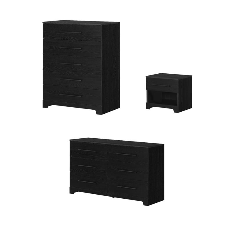Pemberly Row Set of 3 Double Dresser & Chest & Nightstand in Black Oak