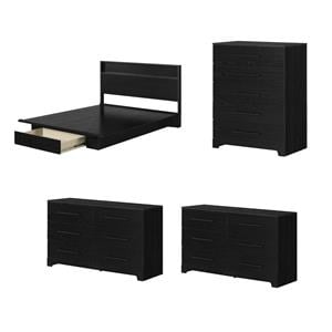 Pemberly Row 4-Set Headboard Platform Bed & 2 Double Dressers & Chest