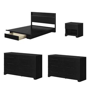 Pemberly Row 4-Set Headboard Platform Bed & 2 Double Dressers & Nightstand