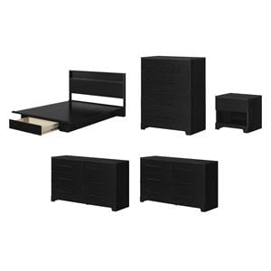 Pemberly Row 5-Set Headboard Platform Bed & Nighstand & Chest & Double Dressers