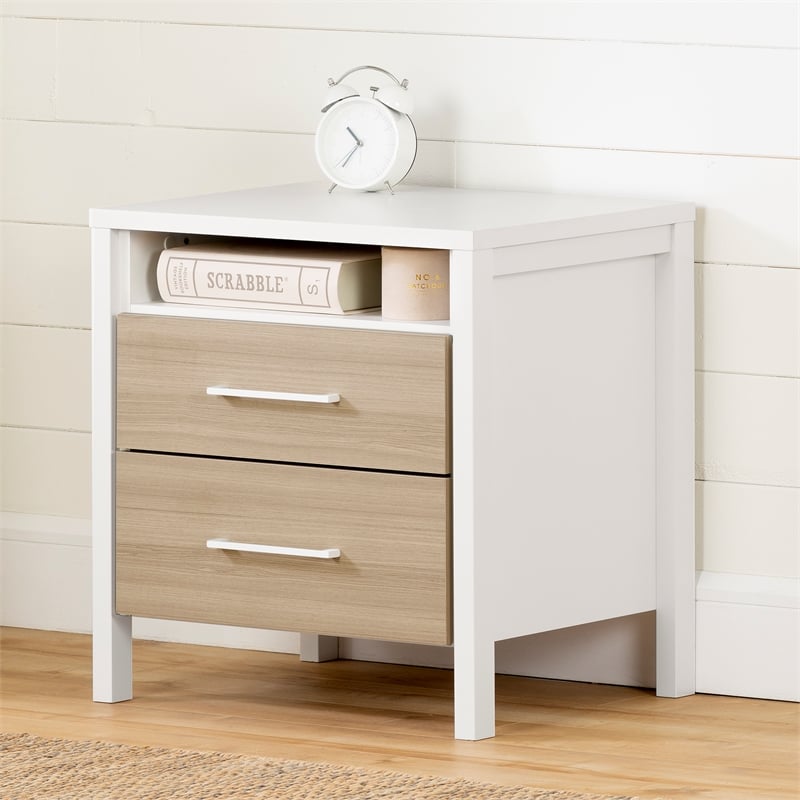 Pemberly Row Set of 2 2-Drawer Nightstands in White and Soft Elm