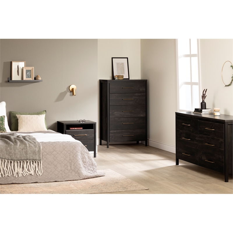 Pemberly Row Set of 3 Two 2-Drawer Nightstand & Double Dresser in Rubbed Black