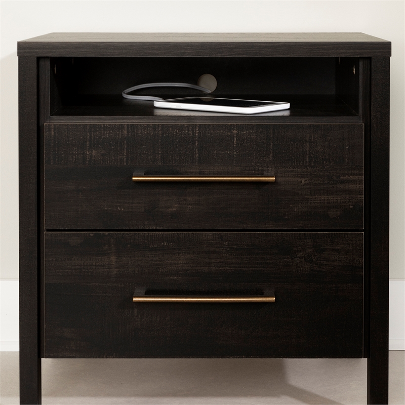 Pemberly Row Set of 3 Two 2-Drawer Nightstand & Double Dresser in Rubbed Black