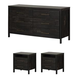 Pemberly Row Set of 3 Two 2-Drawer Nightstand & Double Dresser in Rubbed Black
