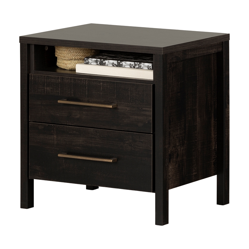 Pemberly Row Set of 2 2-Drawer Nightstand & Double Dresser in Rubbed Black