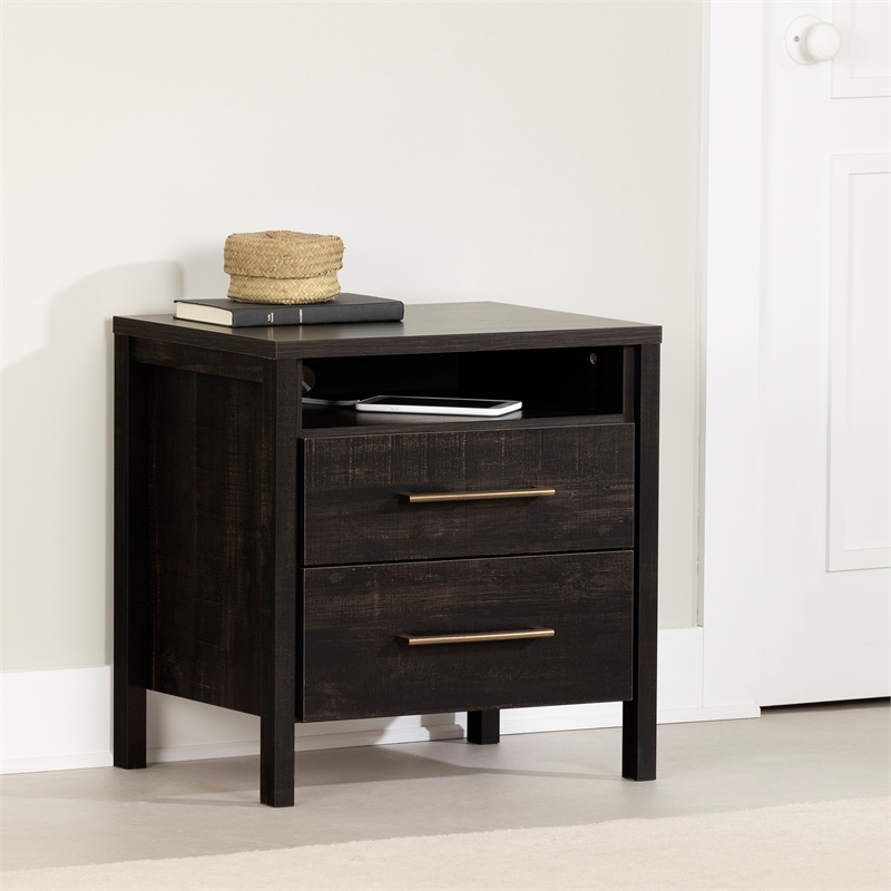 Pemberly Row Set of 2 2-Drawer Nightstand & Double Dresser in Rubbed Black