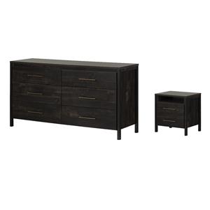 Pemberly Row Set of 2 2-Drawer Nightstand & Double Dresser in Rubbed Black