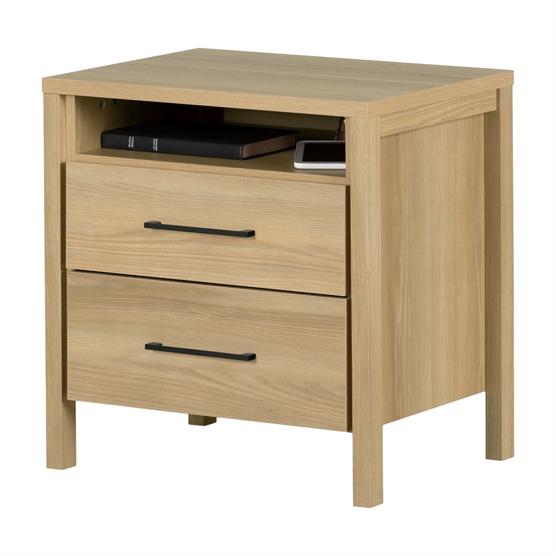 Pemberly Row Set of 2 Contemporary 2-Drawer Nightstands in Natural Ash