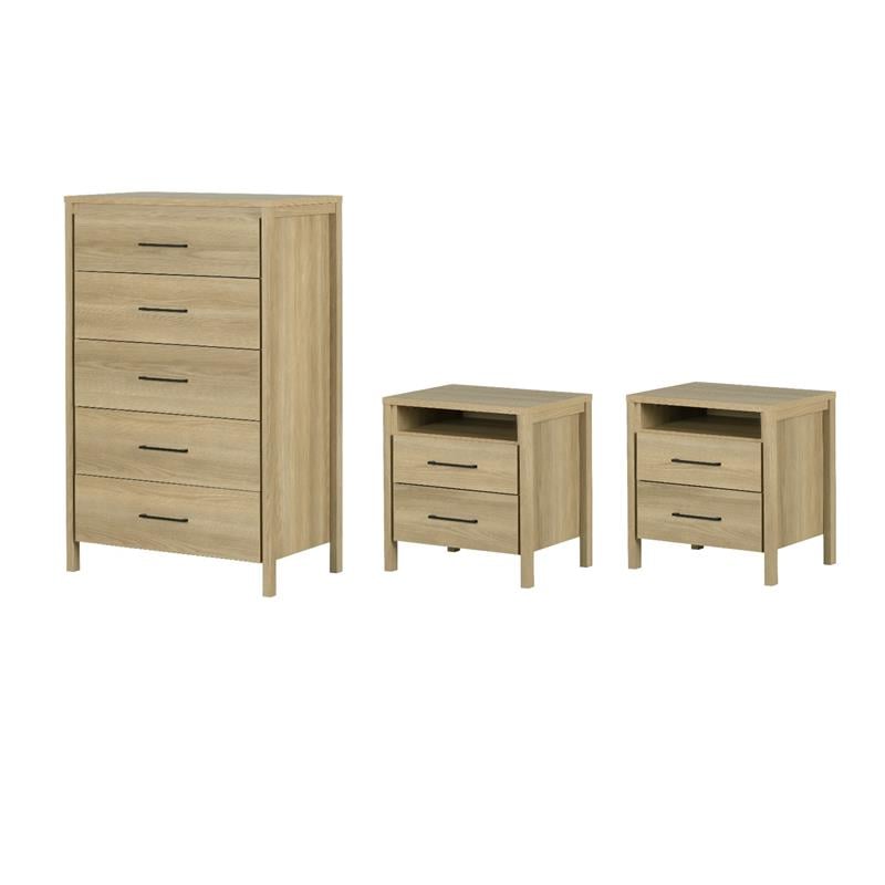 Pemberly Row Set of 3 2 2-Drawer Nightstands & 5-Drawer Chest in Natural Ash