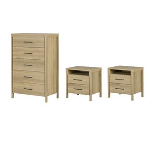 Pemberly Row Set of 3 2 2-Drawer Nightstands & 5-Drawer Chest in Natural Ash