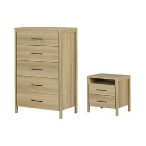Pemberly Row Set of 2 2-Drawer Nightstand & 5-Drawer Chest in Natural Ash