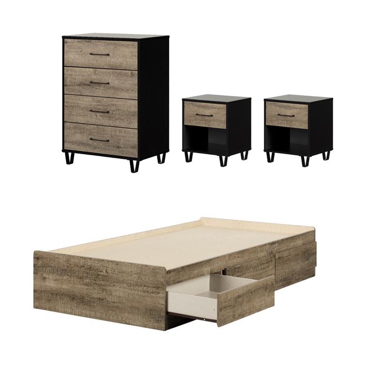 Pemberly Row Set of 4 Mates Twin Bed with 3 Drawers & 2 Nightstands & Chest