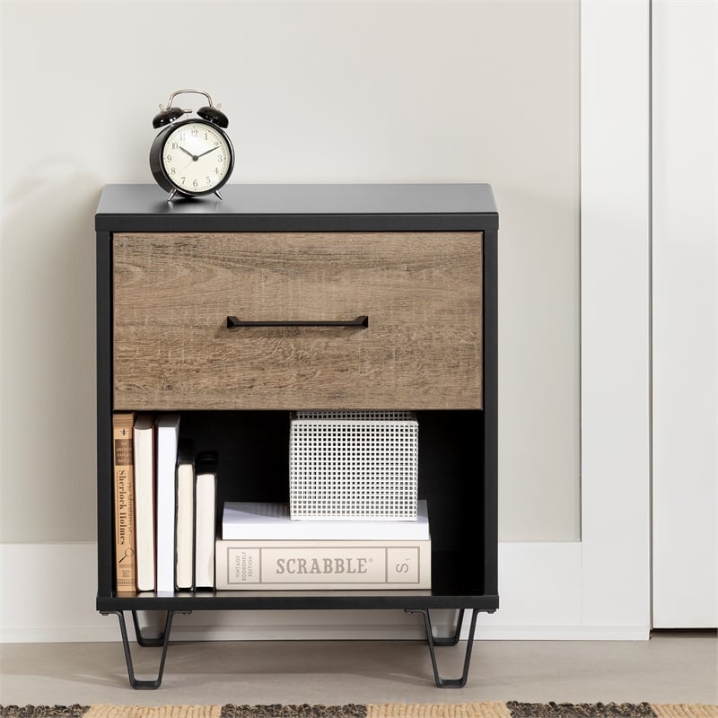 Pemberly Row Set of 2 1-Drawer Nightstands in Weathered Oak and Matte Black