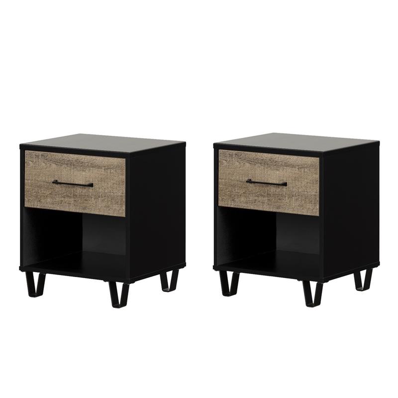 Pemberly Row Set of 2 1-Drawer Nightstands in Weathered Oak and Matte Black