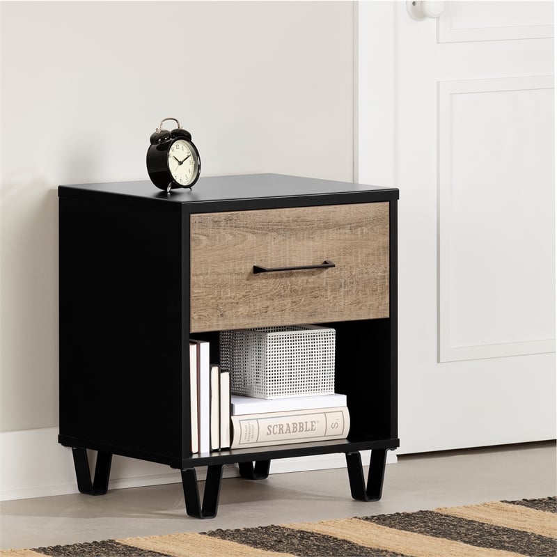 Pemberly Row Set of 2 Nightstand & Chest in Weathered Oak and Matte Black