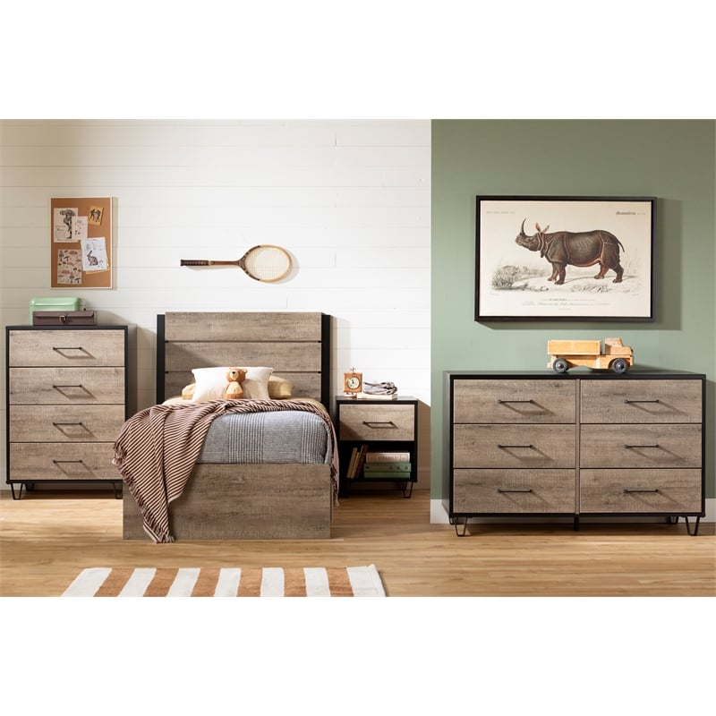 Pemberly Row Set of 2 Nightstand & Chest in Weathered Oak and Matte Black