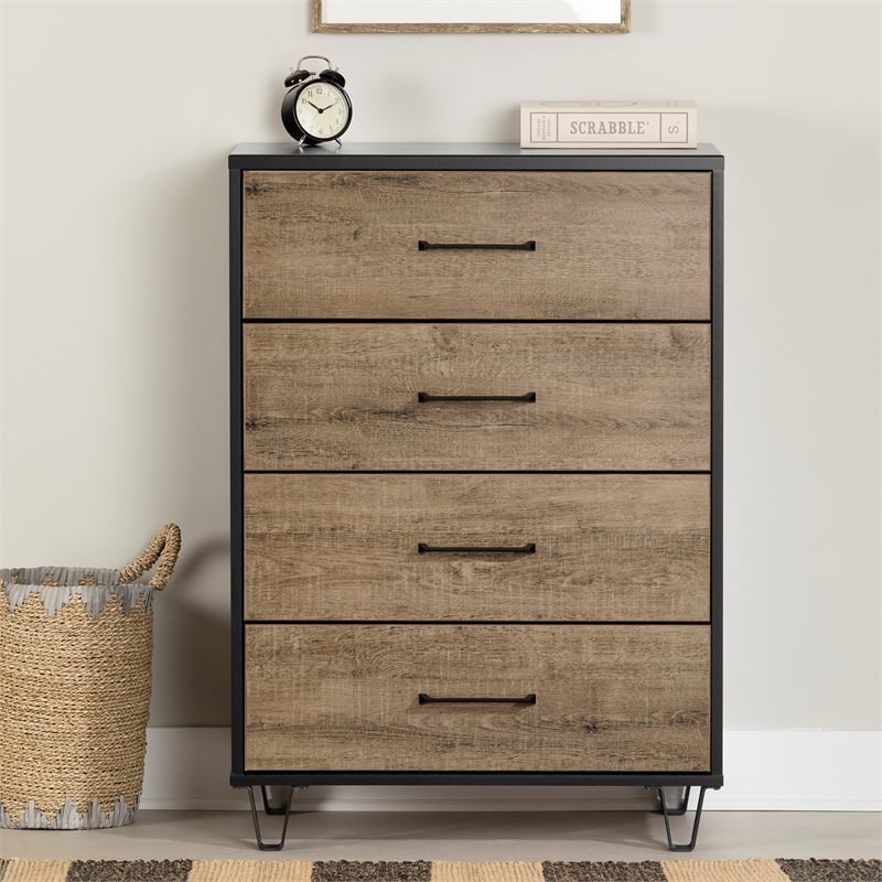 Pemberly Row Set of 2 Nightstand & Chest in Weathered Oak and Matte Black