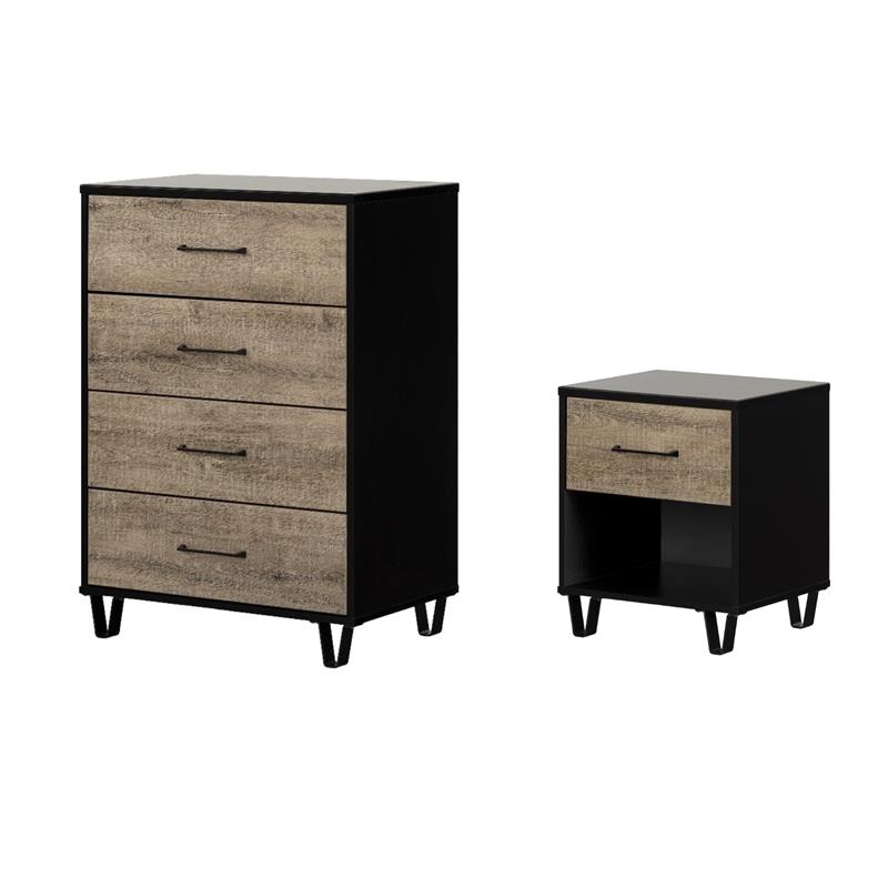Pemberly Row Set of 2 Nightstand & Chest in Weathered Oak and Matte Black